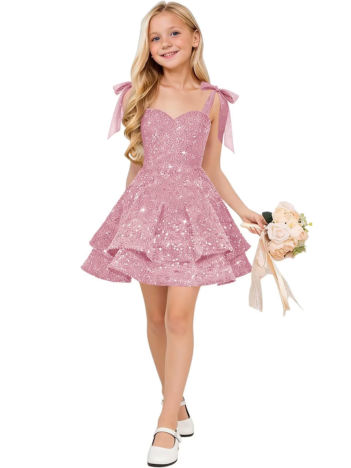 Sparkly Sequin Flower Girl Dress Tiered Cute Bow Spaghetti Straps Sweetheart Toddler Formal Dresses 2026