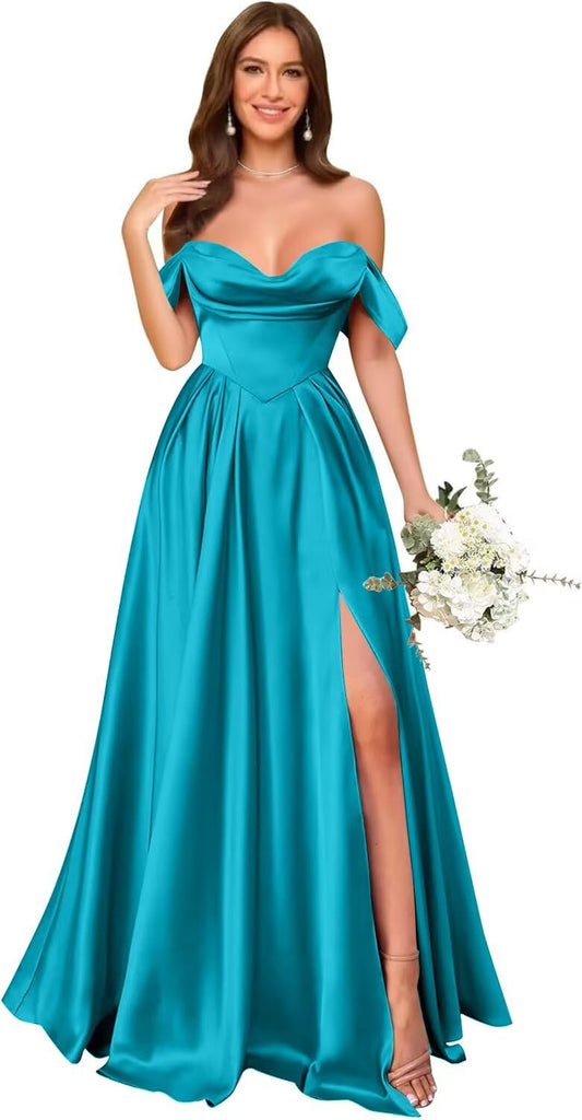 Off Shoulder Bridesmaid Dresses for Women 2027 Long Satin A-line Ruched Formal Evening Party Dress with Slit