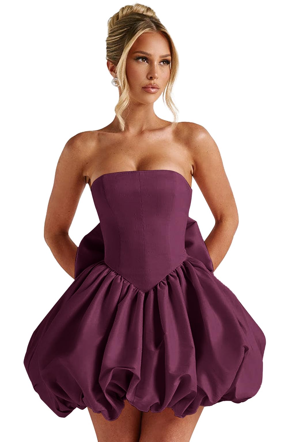 Satin Flower Bud Homecoming Dress Short Prom Dress with Bow Strapless A Line Mini Cocktail Party Gown