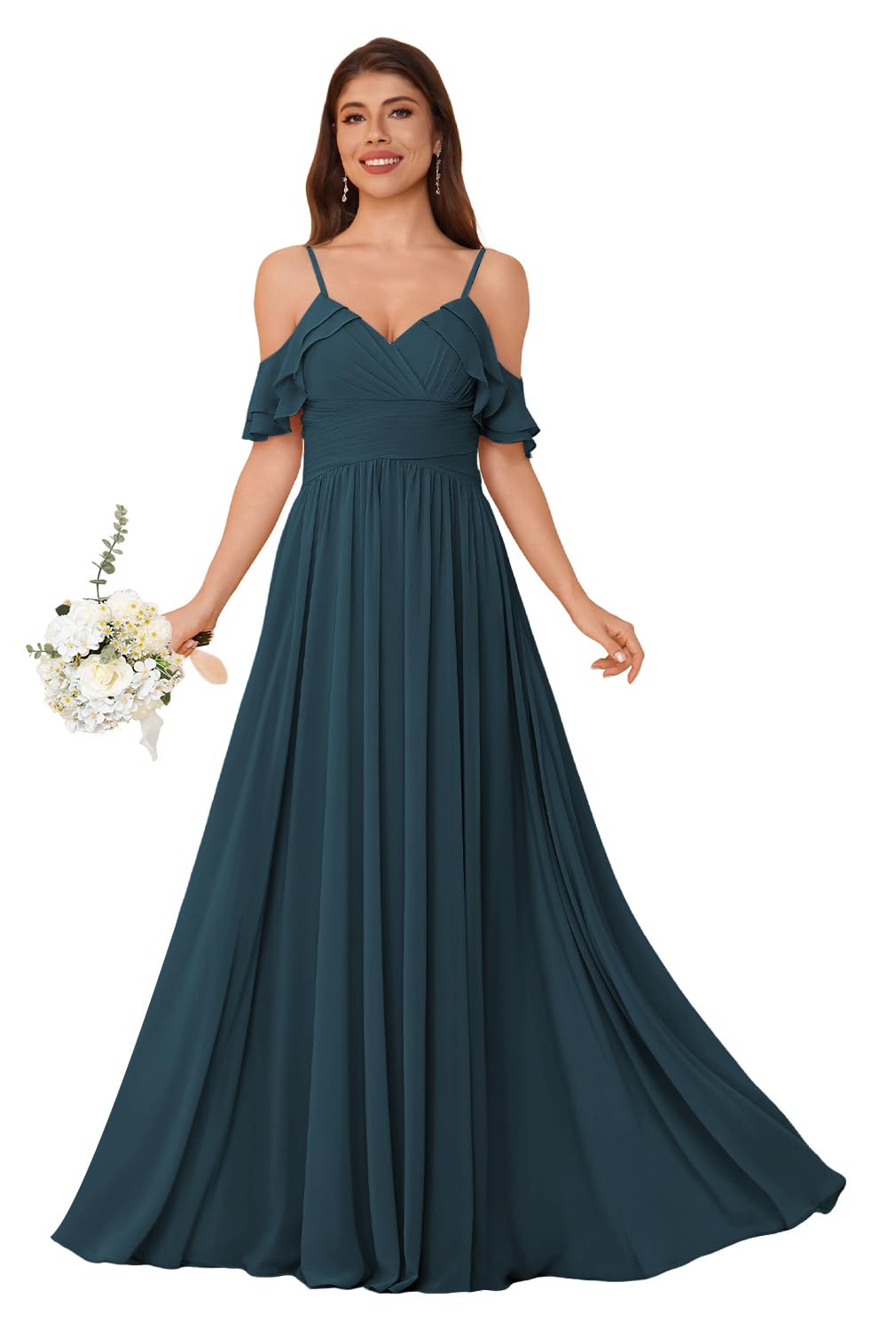 Women's Long Chiffon Bridesmaid Dresses Ruffle V Neck Formal Evening Prom Gown Spaghetti Strap Maxi Wedding Guest Dress