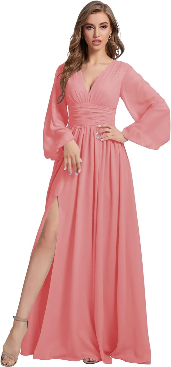 Womens V-Neck Long Sleeve Bridesmaid Dresses with Slit 2024 Ruched A-line Chiffon Prom Formal Dresses