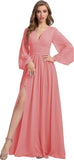 Womens V-Neck Long Sleeve Bridesmaid Dresses with Slit 2024 Ruched A-line Chiffon Prom Formal Dresses
