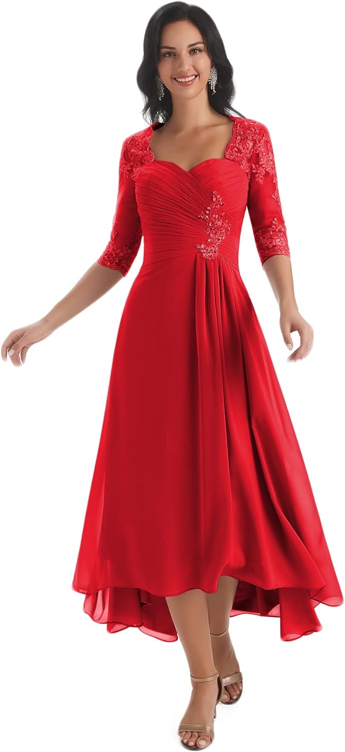 Women's Tea Length Mother of The Bride Dresses for Wedding Short Sleeves Lace Applique Formal Evening Prom Gowns