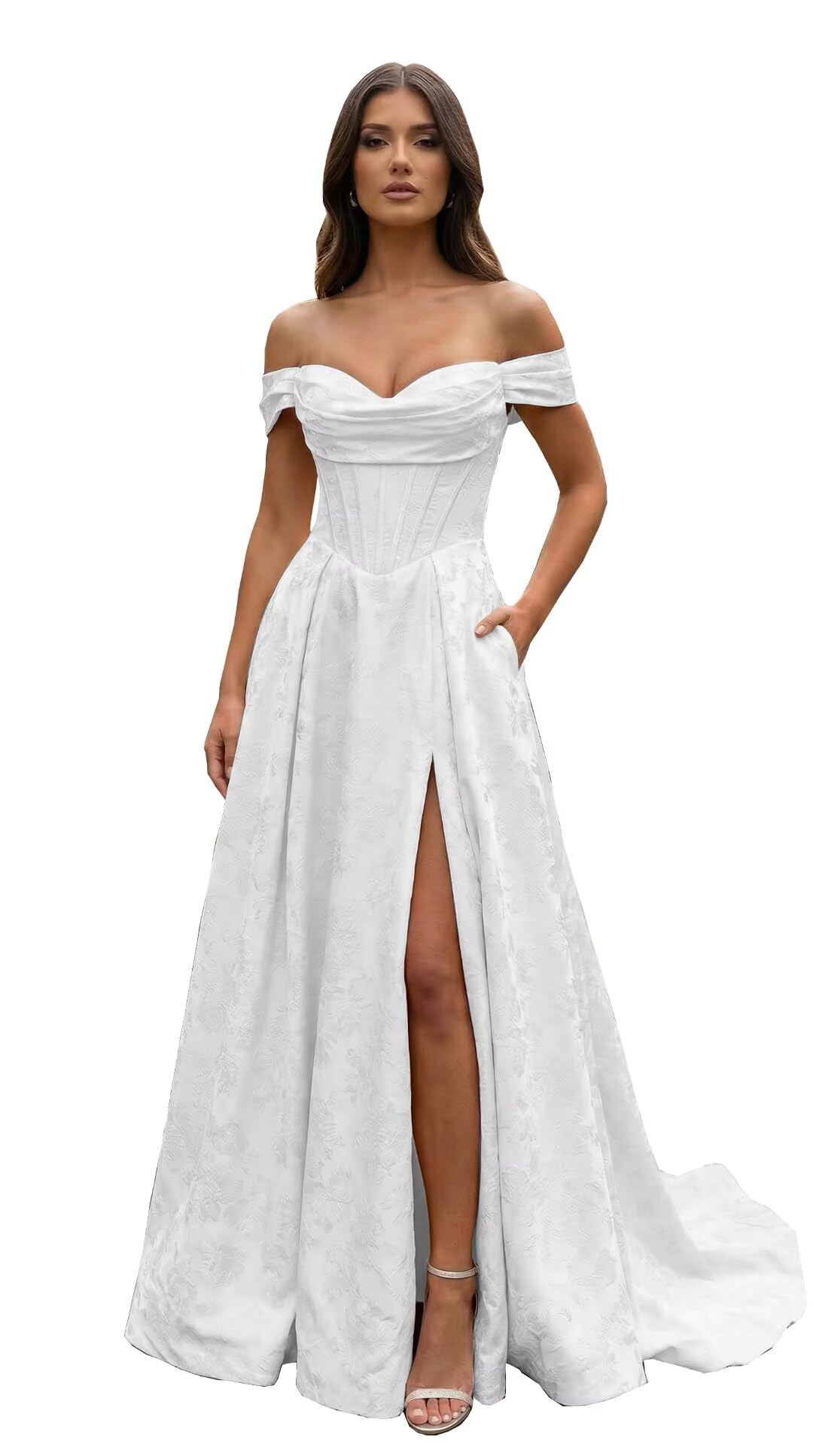Jacquard Satin Prom Dresses Off the Shoulder Corset A Line Long Formal Gowns