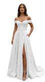 Jacquard Satin Prom Dresses Off the Shoulder Corset A Line Long Formal Gowns