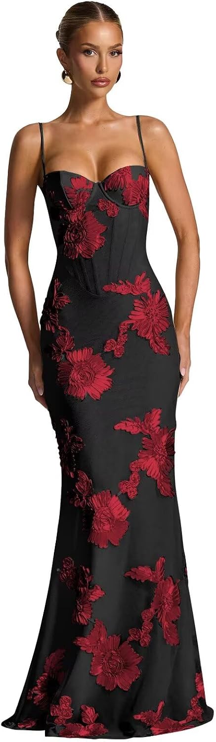 Spaghetti Straps Mermaid Prom Dress 2026 Floral Embroidery Long Corset Formal Evening Gowns