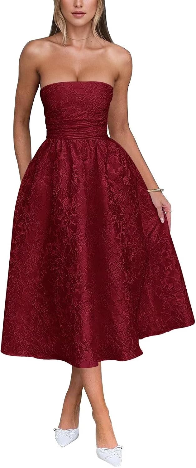 Satin Floral Jacquard Prom Dress for Women Strapless Corset Tea Length Formal Cocktail Evening Gowns