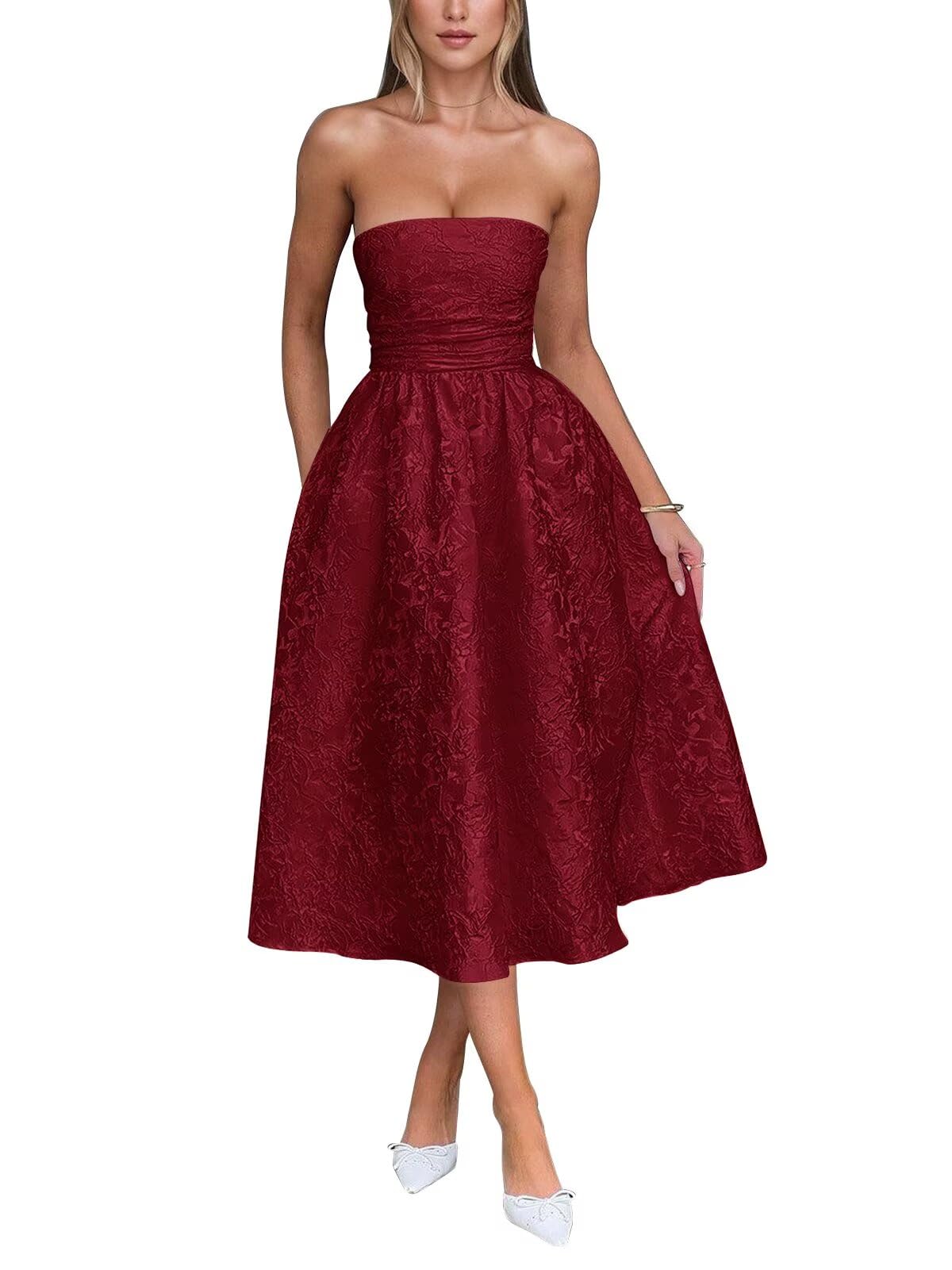 Satin Floral Jacquard Prom Dress for Women Strapless Corset Tea Length Formal Cocktail Evening Gowns