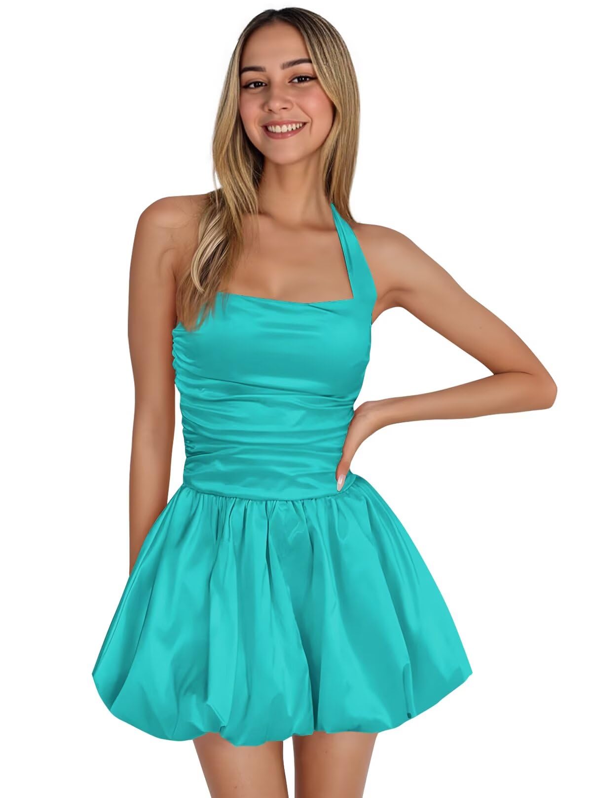 Satin Halter Homecoming Dresses for Teens Short Prom Dress 2027 Flower Bud Ruched Formal Cocktail Gown with Pockets