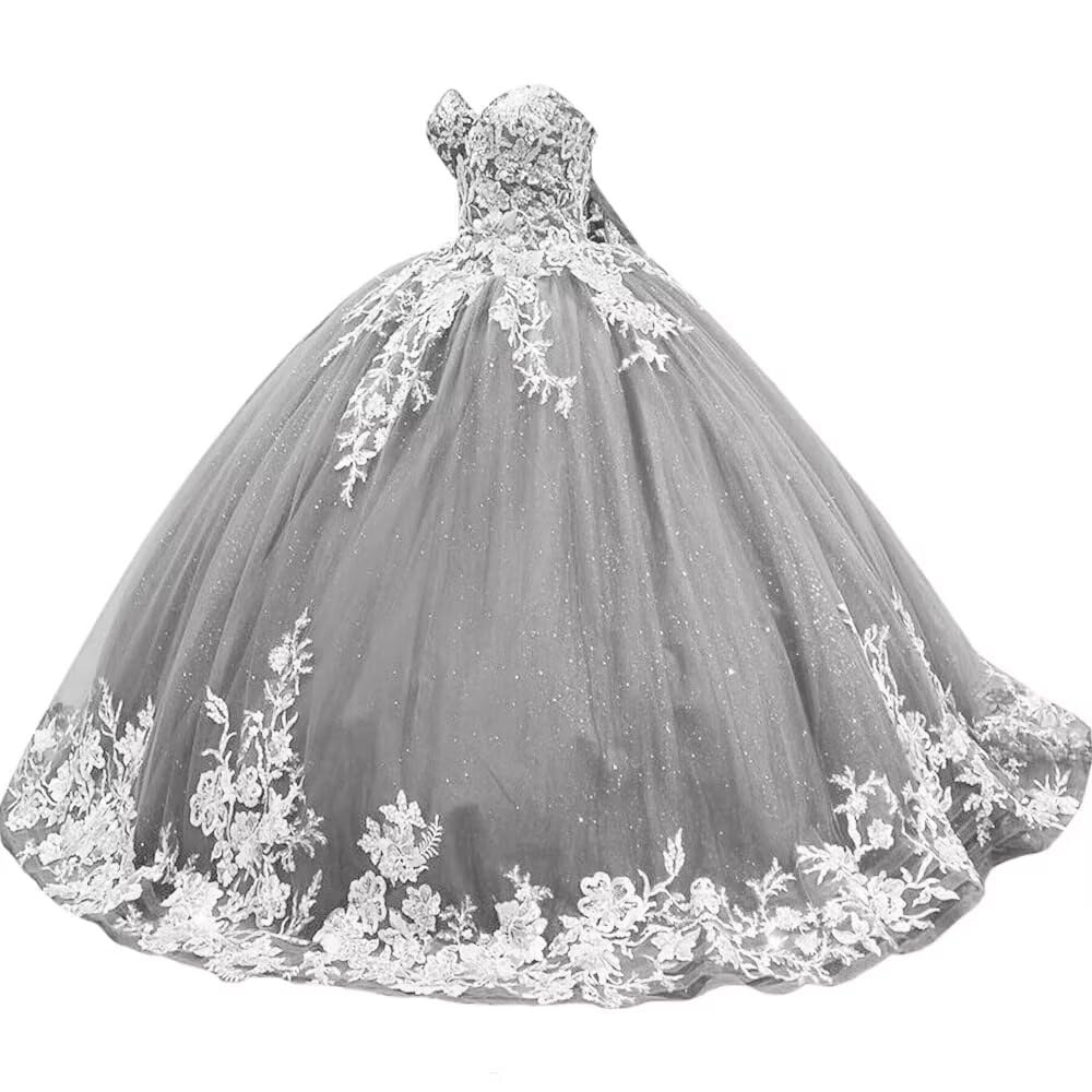 Sparkly Tulle Sweet 15 16 Quinceanera Dress Lace 3D Floral Ball Gown Strapless Puffy Prom Formal Gown