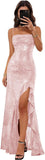Sparkly Sequin Spaghetti Straps Prom Dresses 2026 Long Ruffles Pleated Formal Evening Dress with Slit