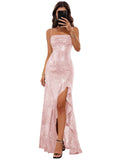 Sparkly Sequin Spaghetti Straps Prom Dresses 2026 Long Ruffles Pleated Formal Evening Dress with Slit