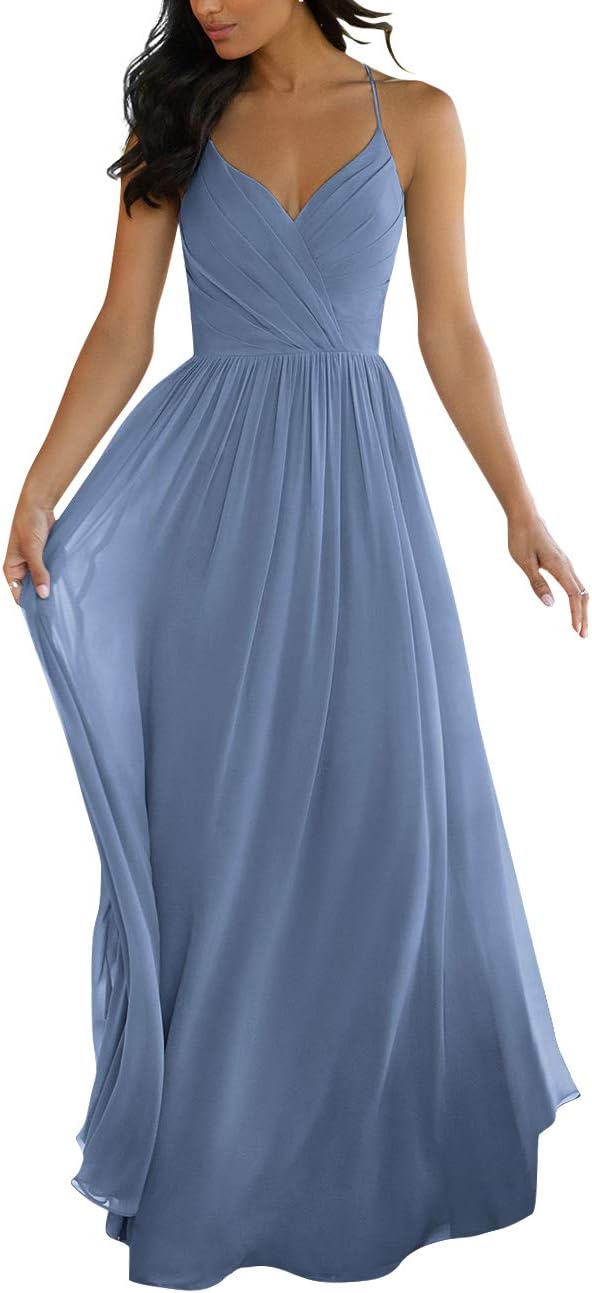 V Neck Bridesmaid Dresses for Women 2025 Long Chiffon Pleated A-line Spaghetti Strap Wedding Evening Prom Gown