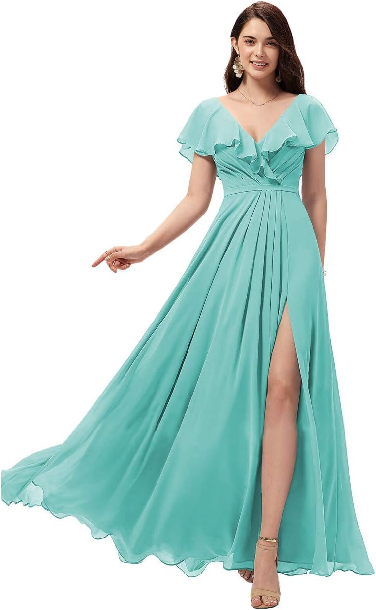 Vestidos de dama de honor largos con escote en V y volantes de gasa para mujer, vestidos de noche formales