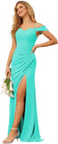 Vestidos de dama de honor de gasa con hombros descubiertos para mujer, vestidos formales largos de sirena fruncidos con abertura 