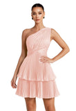 One Shoulder Satin Homecoming Dresses for Teens 2026 Short A-line Prom Dress Pleated Tiered Cocktail Party Gowns