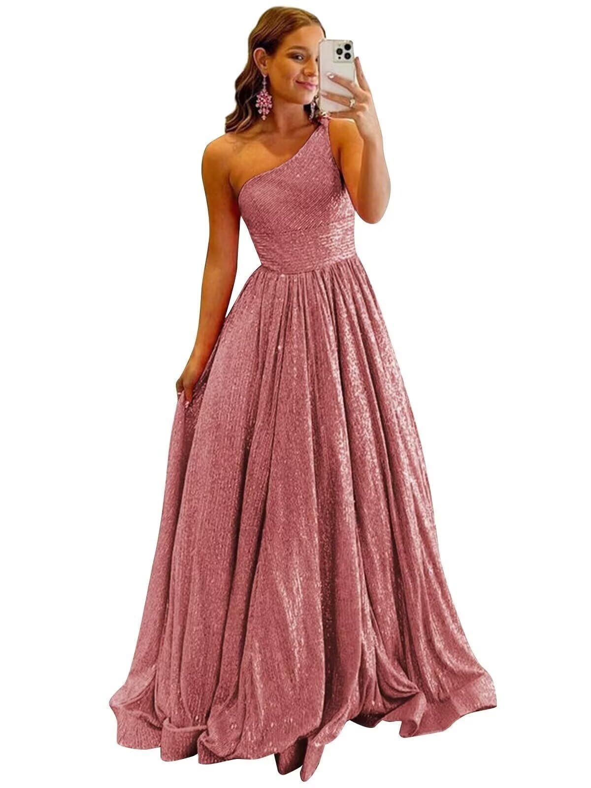 One Shoulder Sequin Prom Dresses for Women 2027 Sparkly Long A-Line Formal Evening Party Ball Gowns with Pockets