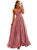 One Shoulder Sequin Prom Dresses for Women 2027 Sparkly Long A-Line Formal Evening Party Ball Gowns with Pockets