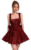 Sparkly Sequin Homecoming Dresses for Teens Short Prom Dress Square Neck Bow Formal Cocktail Gowns with Pockets