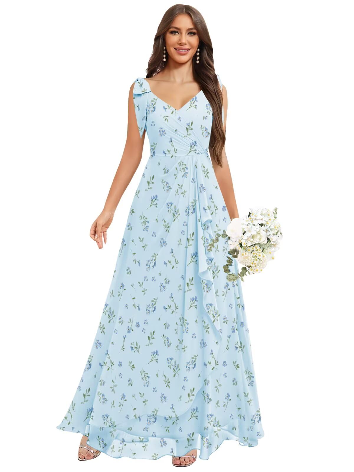 Chiffon Bridesmaid Dresses for Women Ruffles V Neck Flowy Long Formal Evening Dress with Bow