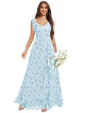 Chiffon Bridesmaid Dresses for Women Ruffles V Neck Flowy Long Formal Evening Dress with Bow