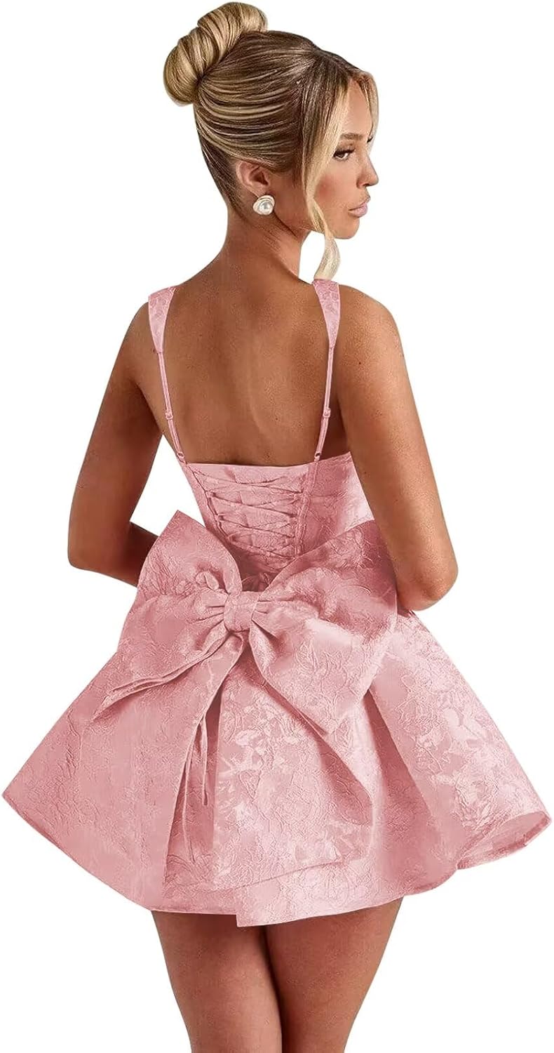 Satin Jacquard Homecoming Dress with Bow Short A-Line Mini Prom Cocktail Party Gown