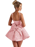 Satin Jacquard Homecoming Dress with Bow Short A-Line Mini Prom Cocktail Party Gown