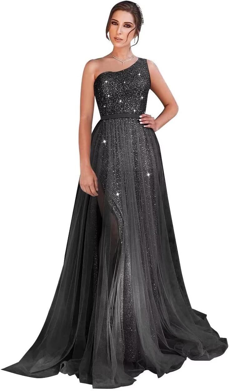 One-Shoulder-Ballkleid mit Pailletten, formelle Kleider für Damen, funkelnde Abendkleider, Tüll-Ballkleid 