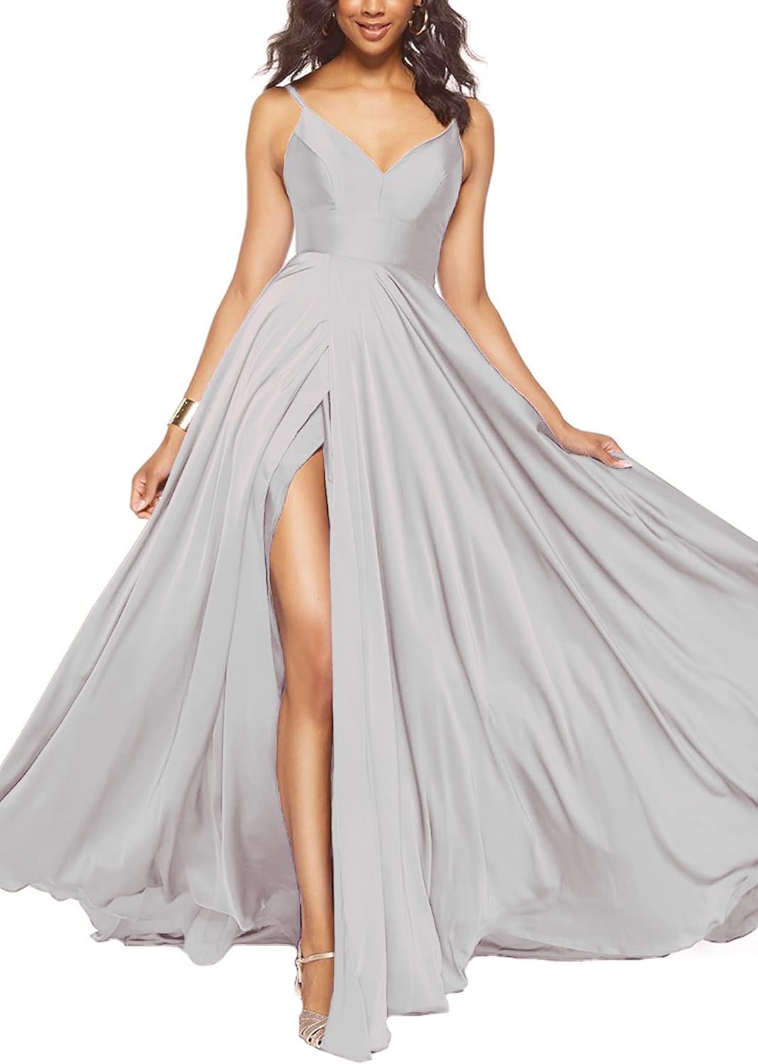 Satin Bridesmaid Dresses for Women Spaghetti Straps Wedding Guest Dress Long V Neck Formal Gown with Slit