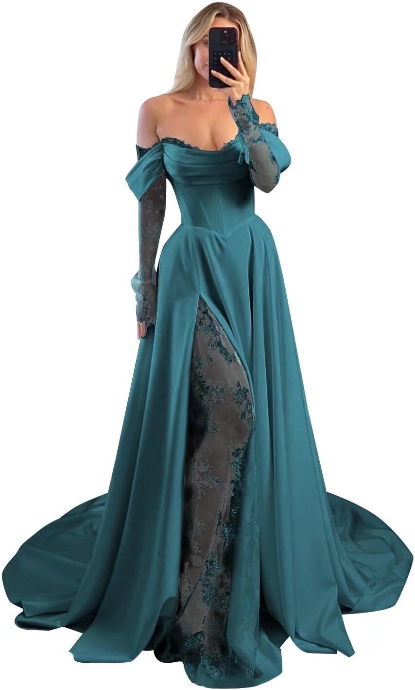 Off Shoulder Satin Wedding Dresses Lace Long Sleeve Prom Dresses Corset A-Line Ball Gowns with Slit