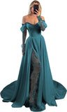 Off Shoulder Satin Wedding Dresses Lace Long Sleeve Prom Dresses Corset A-Line Ball Gowns with Slit
