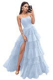 Strapless Tiered Tulle Prom Dresses for Women 2027 Long Sparkly A-Line Formal Evening Party Ball Gowns with Slit