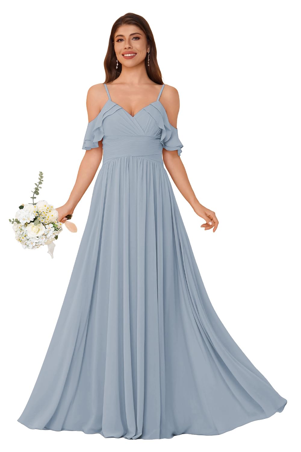 Women's Long Chiffon Bridesmaid Dresses Ruffle V Neck Formal Evening Prom Gown Spaghetti Strap Maxi Wedding Guest Dress