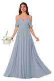 Women's Long Chiffon Bridesmaid Dresses Ruffle V Neck Formal Evening Prom Gown Spaghetti Strap Maxi Wedding Guest Dress