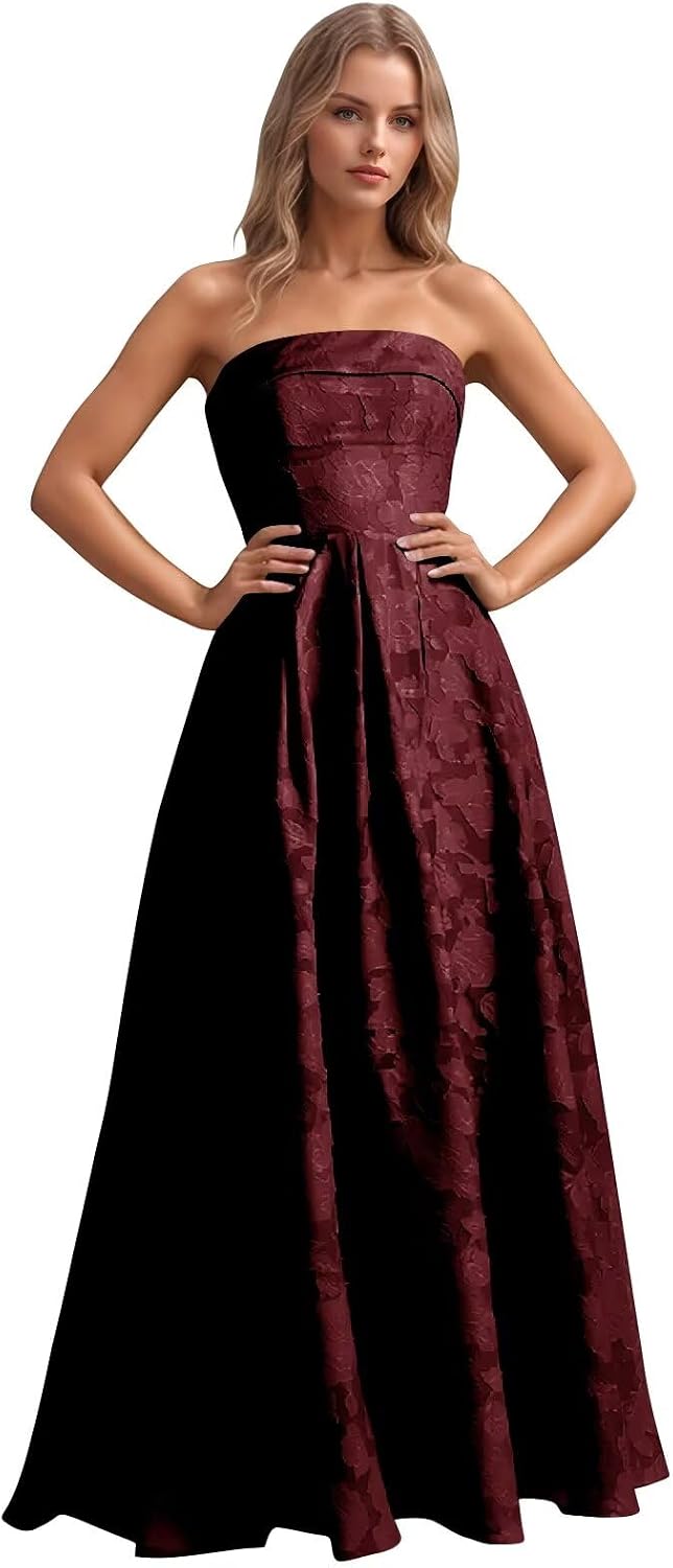 Jacquard Floral Prom Dresses Strapless Maxi Evening Gowns A-Line Ruched Formal Party Dress Elegant