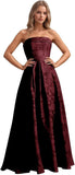 Jacquard Floral Prom Dresses Strapless Maxi Evening Gowns A-Line Ruched Formal Party Dress Elegant