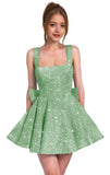 Sparkly Sequin Homecoming Dresses for Teens Short Prom Dress Square Neck Bow Formal Cocktail Gowns with Pockets