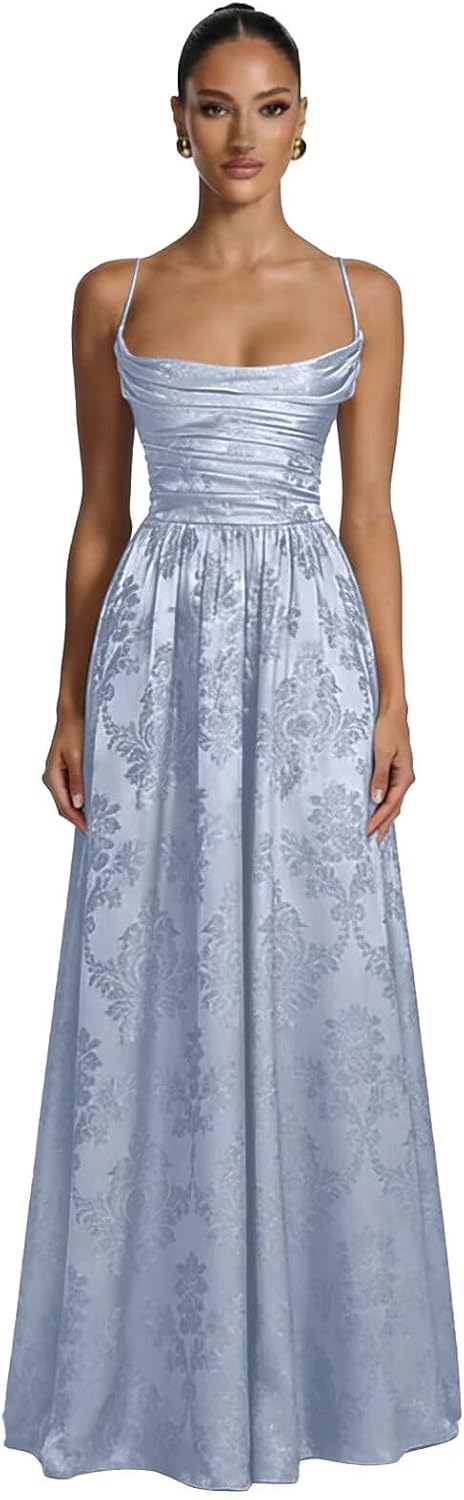 Floral Jacquard Prom Dresses for Women Spaghetti Straps A Line Satin Cowl Neck Formal Evening Party Dress