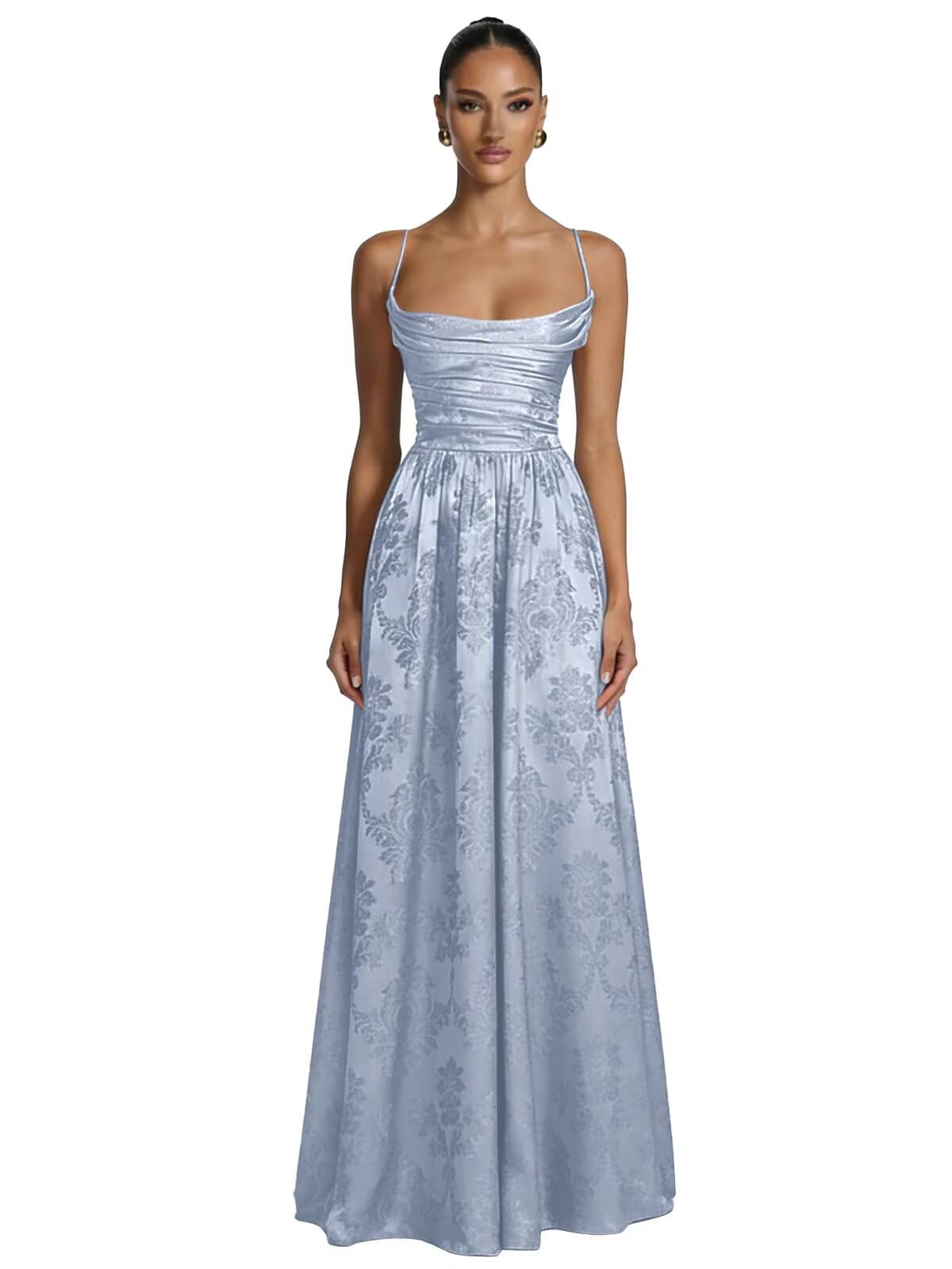 Floral Jacquard Prom Dresses for Women Spaghetti Straps A Line Satin Cowl Neck Formal Evening Party Dress