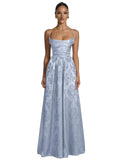 Floral Jacquard Prom Dresses for Women Spaghetti Straps A Line Satin Cowl Neck Formal Evening Party Dress