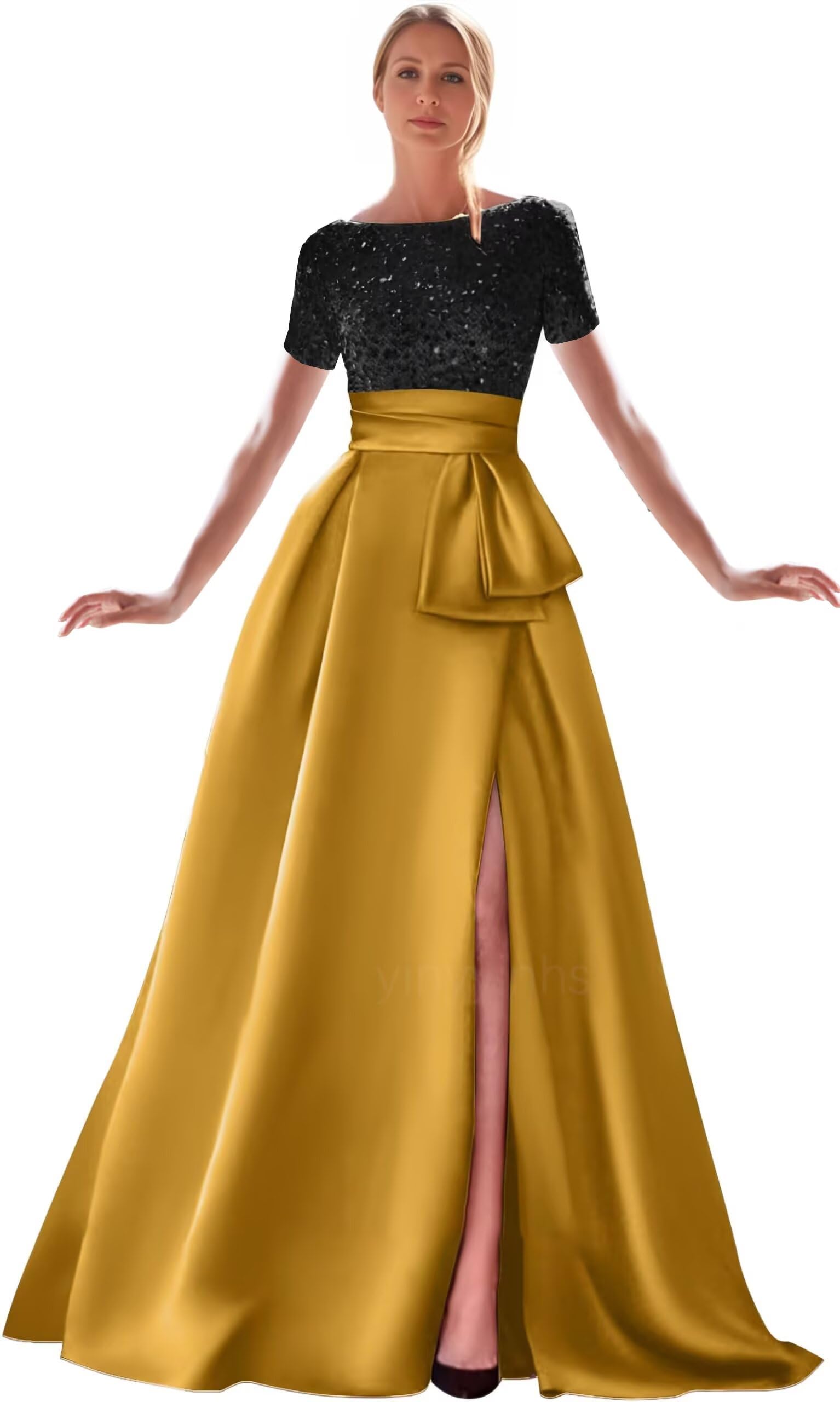 Kingbridal Gowns Short Sleeve Sequin Prom Dresses for Women 2026 Satin A-Line Sparkly Formal Evening Party Ball Gowns with Slit
