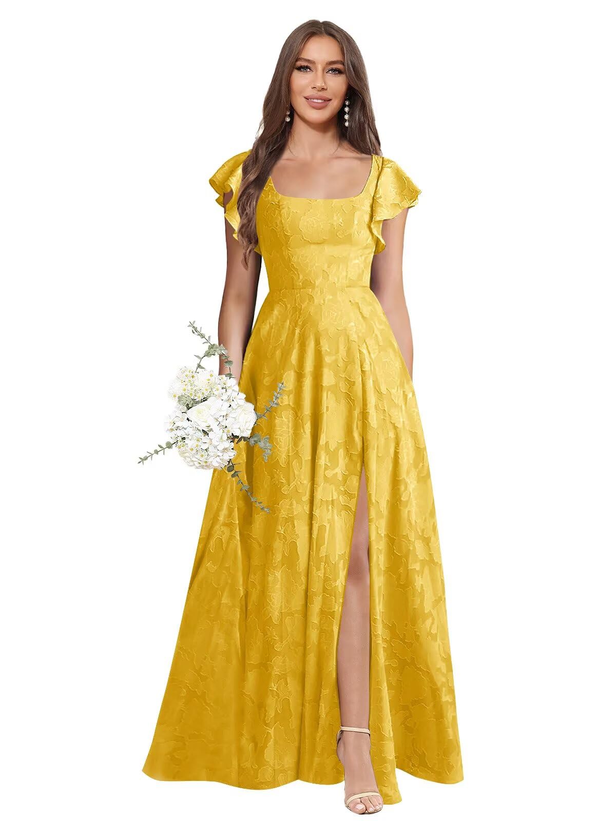 Floral Bridesmaid Dresses for Women Long A-Line Square Neck Lace Formal Evening Gown with Sleeves Slit