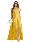 Floral Bridesmaid Dresses for Women Long A-Line Square Neck Lace Formal Evening Gown with Sleeves Slit