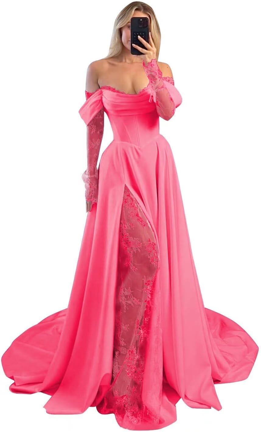 Off Shoulder Satin Wedding Dresses Lace Long Sleeve Prom Dresses Corset A-Line Ball Gowns with Slit