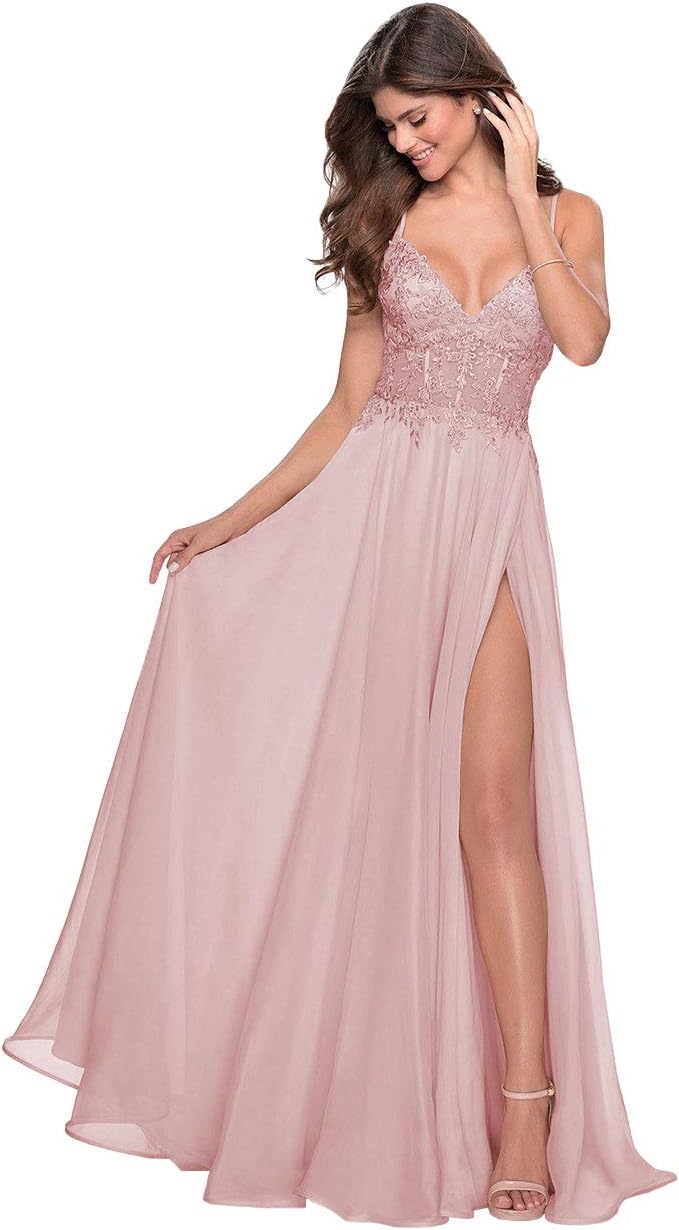 Women's Lace Appliqued Chiffon Prom Dresses Long with Slit Spaghetti Straps V Neck Formal Party Gowns