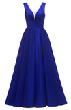 Glitter Satin Prom Dresses for Women Long V Neck A-Line Pleated Formal Evening Party Gowns with Pockets
