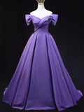 Off Shoulder Satin Prom Dresses for Women V-Neck Elegant A-Line Long Pleated Formal Evening Gown