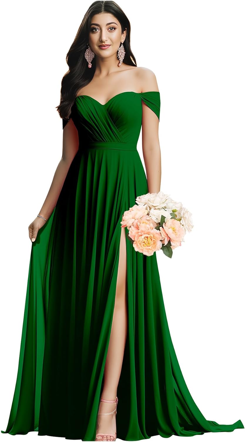 Schulterfreies Brautjungfernkleid für die Hochzeit, gerüschtes Chiffon-Split-Abendkleid mit Taschen 