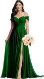 Schulterfreies Brautjungfernkleid für die Hochzeit, gerüschtes Chiffon-Split-Abendkleid mit Taschen 