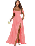 Women's Long Chiffon Bridesmaid Dresses with Slit Off Shoulder A-Line Formal Prom Evening Gown Maxi Wedding Guest Dress